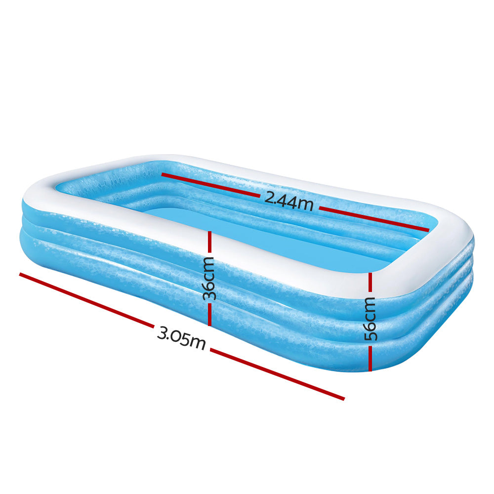 Inflatable rectangular kids pool with blue walls and white rim, with red size indicators