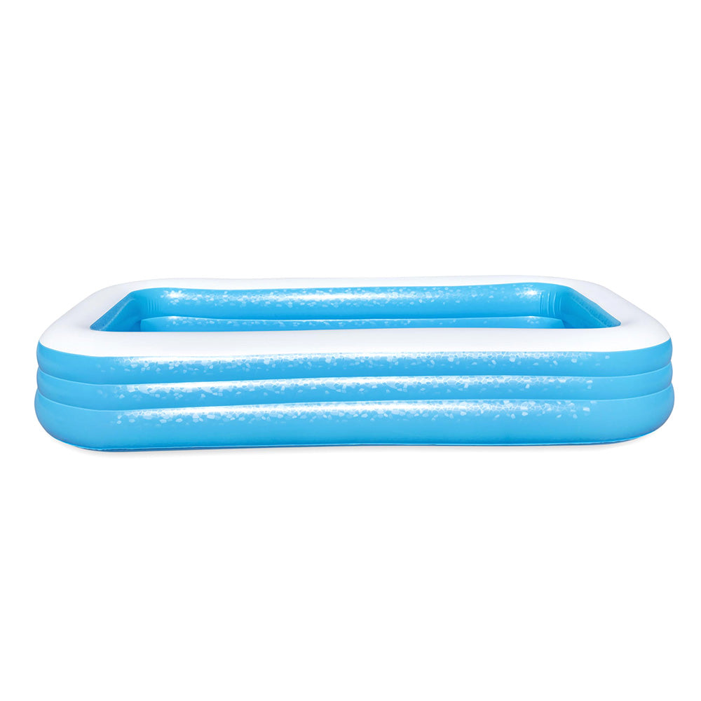 Inflatable rectangular kids pool with blue base walls and white top rim, filled with blue water