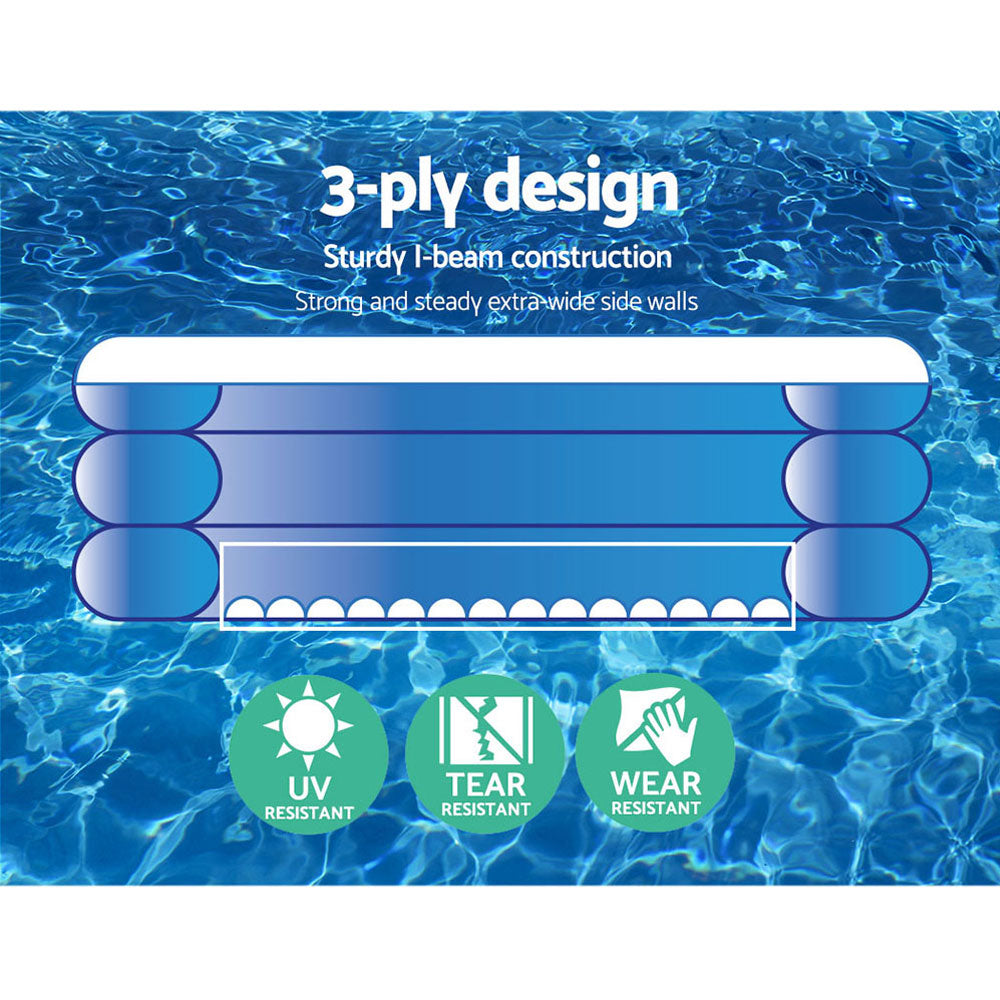 Inflatable pool cross-section graphic showing stacked blue layers and end supports