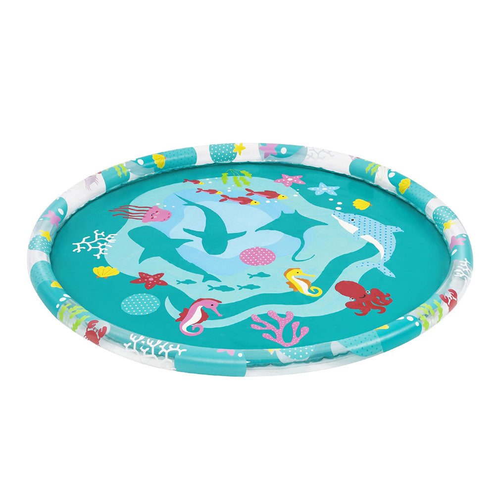 Round teal kids inflatable splash pool with marine animal graphic and wide rim