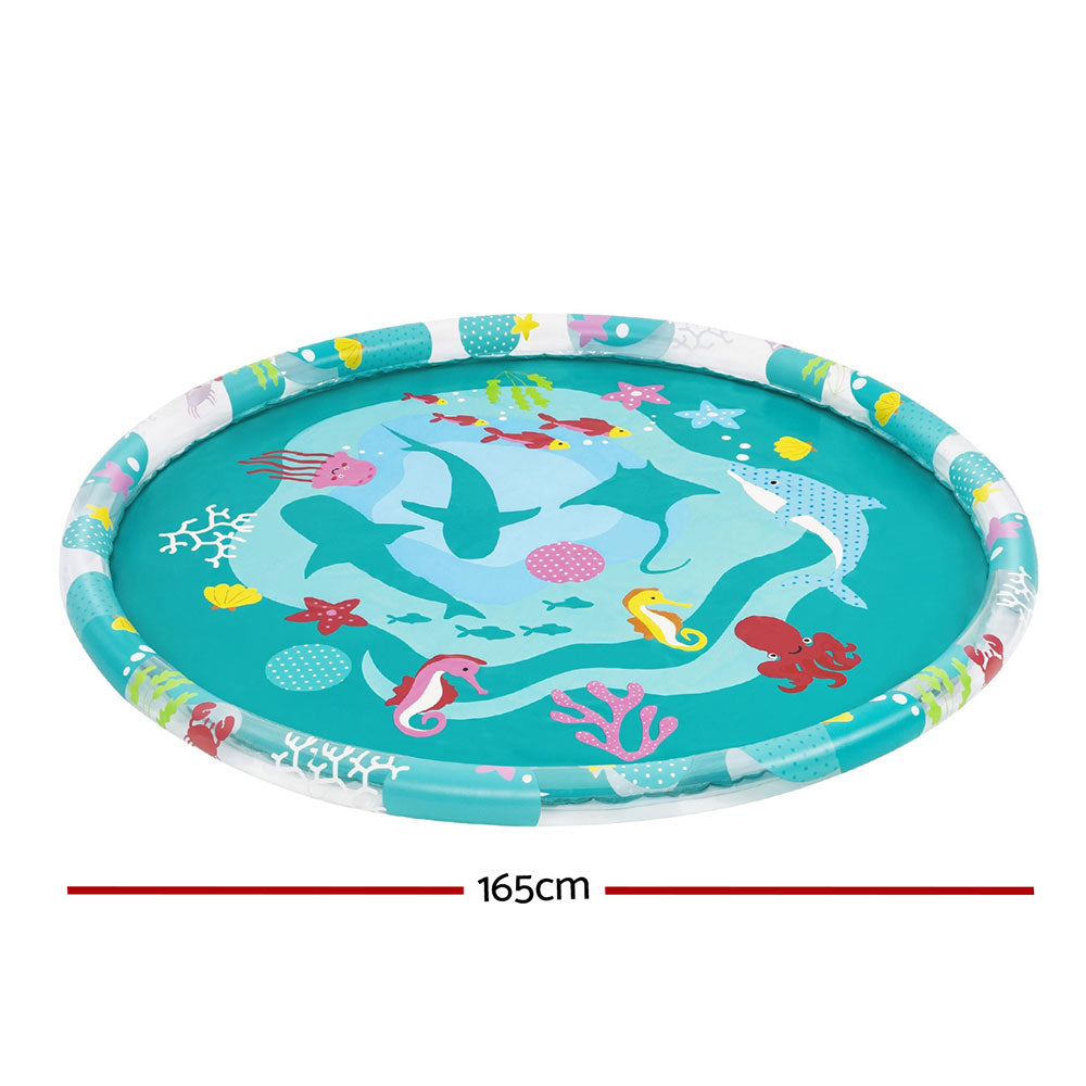 Round teal inflatable splash pool with marine animal print, thick outer air rim