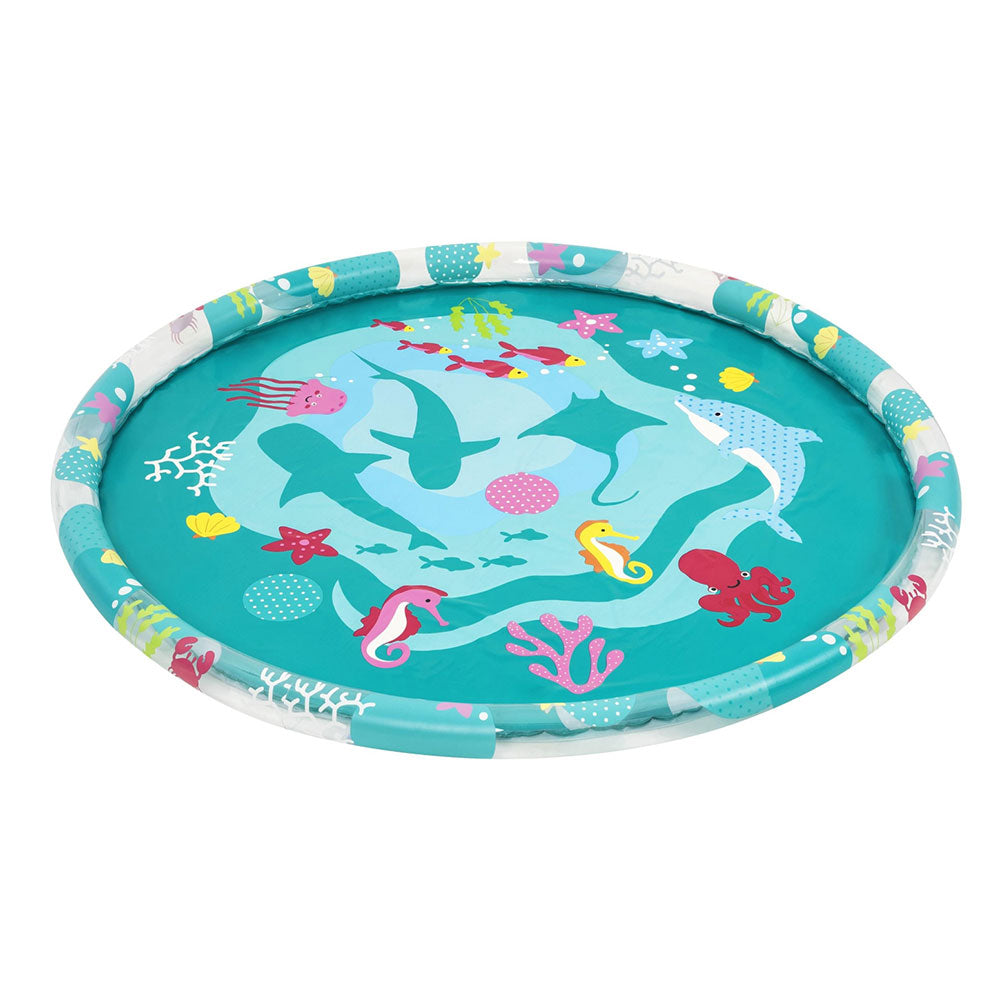Round teal inflatable splash pool with colorful sea creature graphics and border