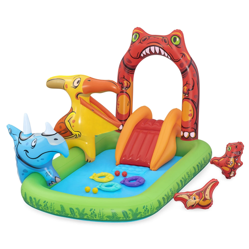 Kids inflatable splash pool with red dinosaur arch, orange slide, and green rim