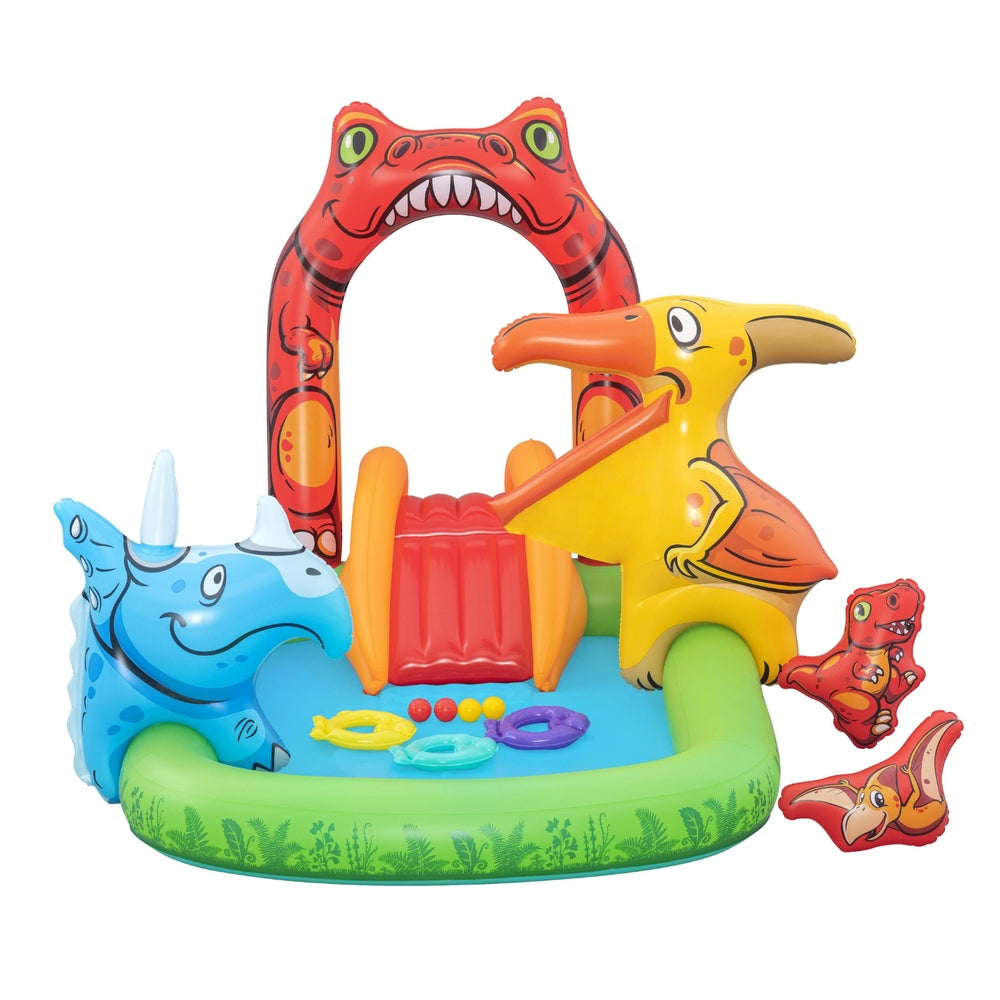 Kids inflatable splash pool with animal-shaped slides, red dinosaur arch, and green base