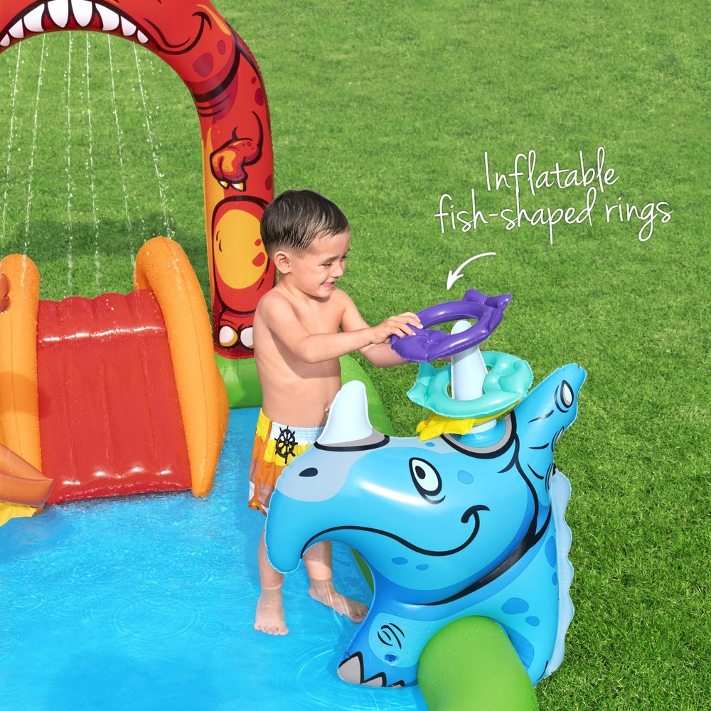 Kids inflatable splash pool with orange slide and blue fish-shaped water sprayer