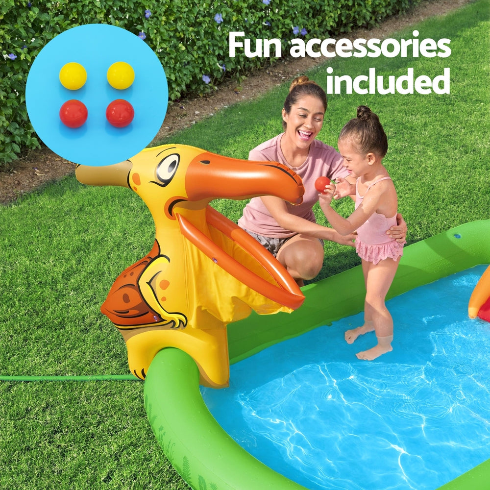 Kids inflatable splash pool with animal slide and included ball toss toy pieces