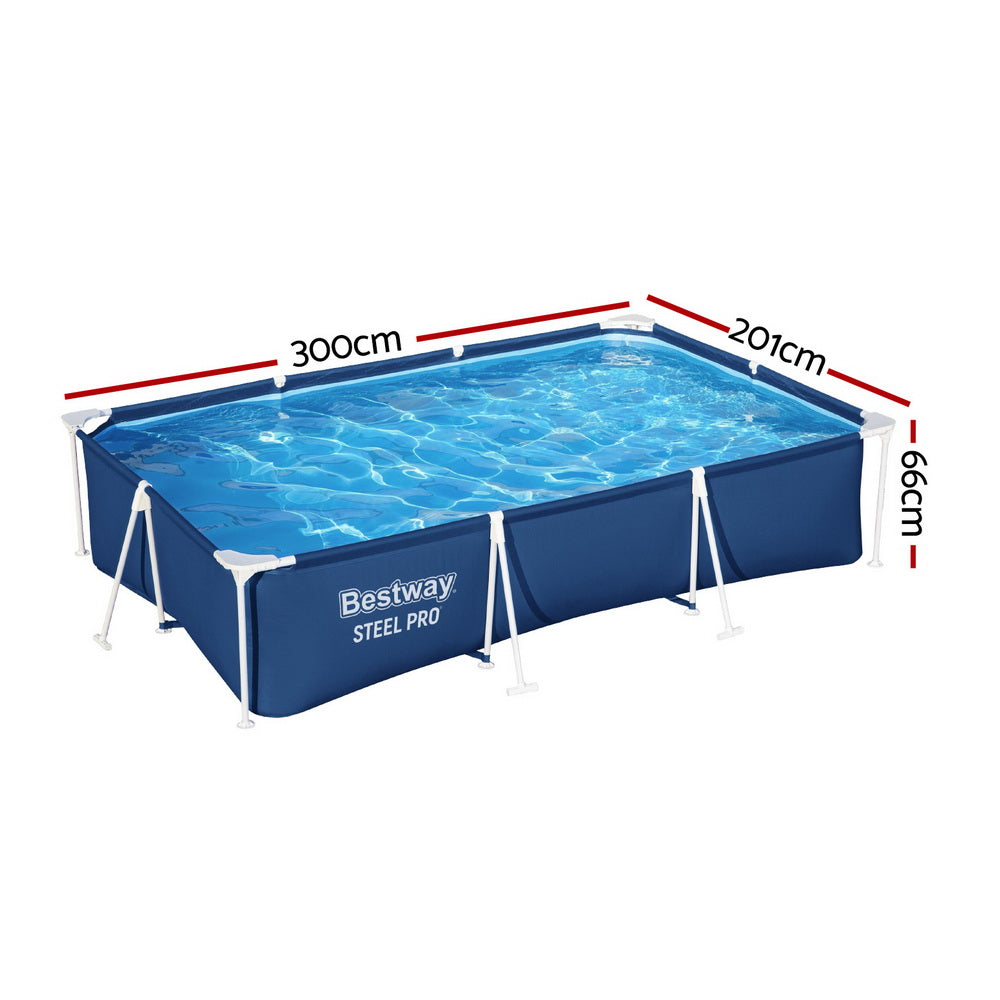 Above-ground rectangular swimming pool, 300x201x66cm, blue water and steel frame