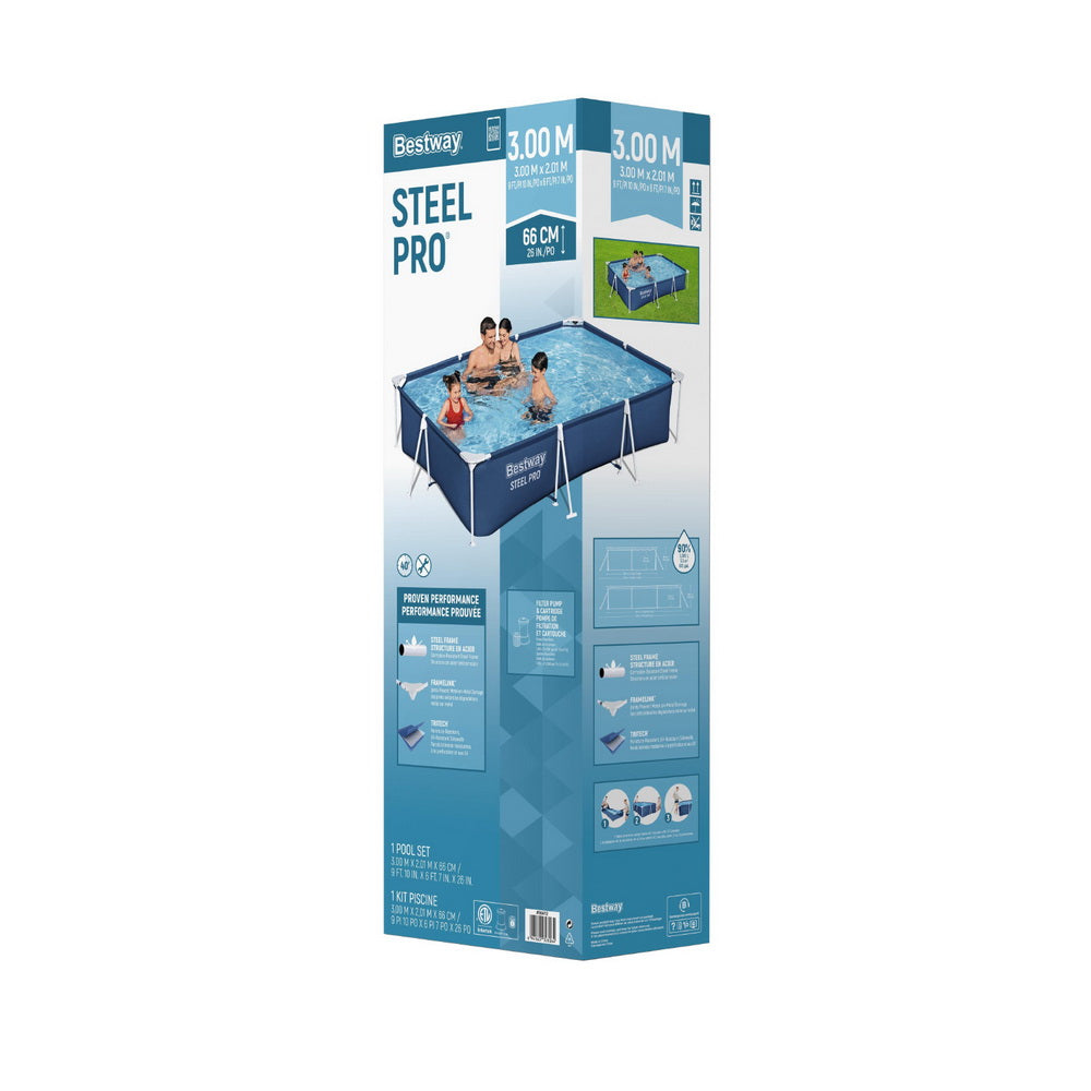 Bestway Steel Pro above-ground swimming pool box with product images and specs