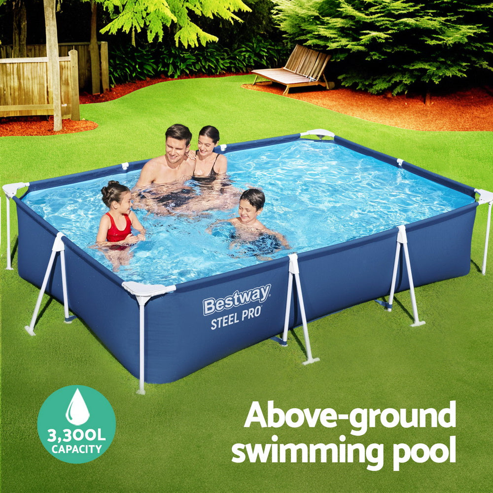Above-ground swimming pool with blue water, dark blue panels, and steel support legs