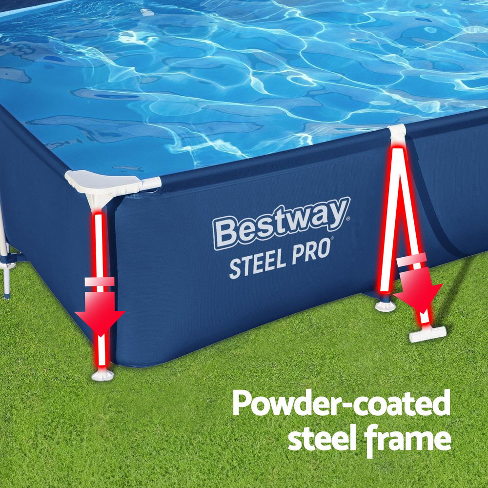 Above-ground pool side view highlighting powder-coated steel frame and white legs