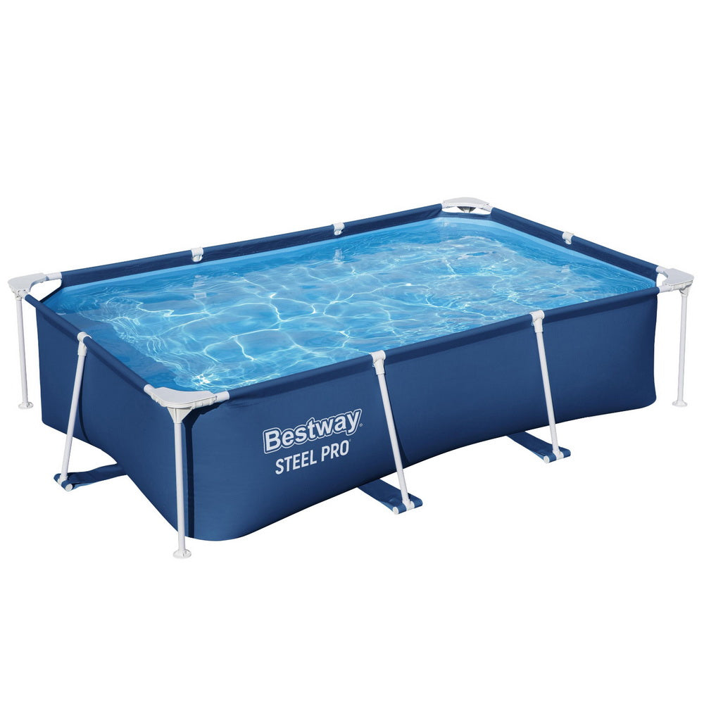 Above-ground swimming pool with dark blue walls, white frame, and blue water