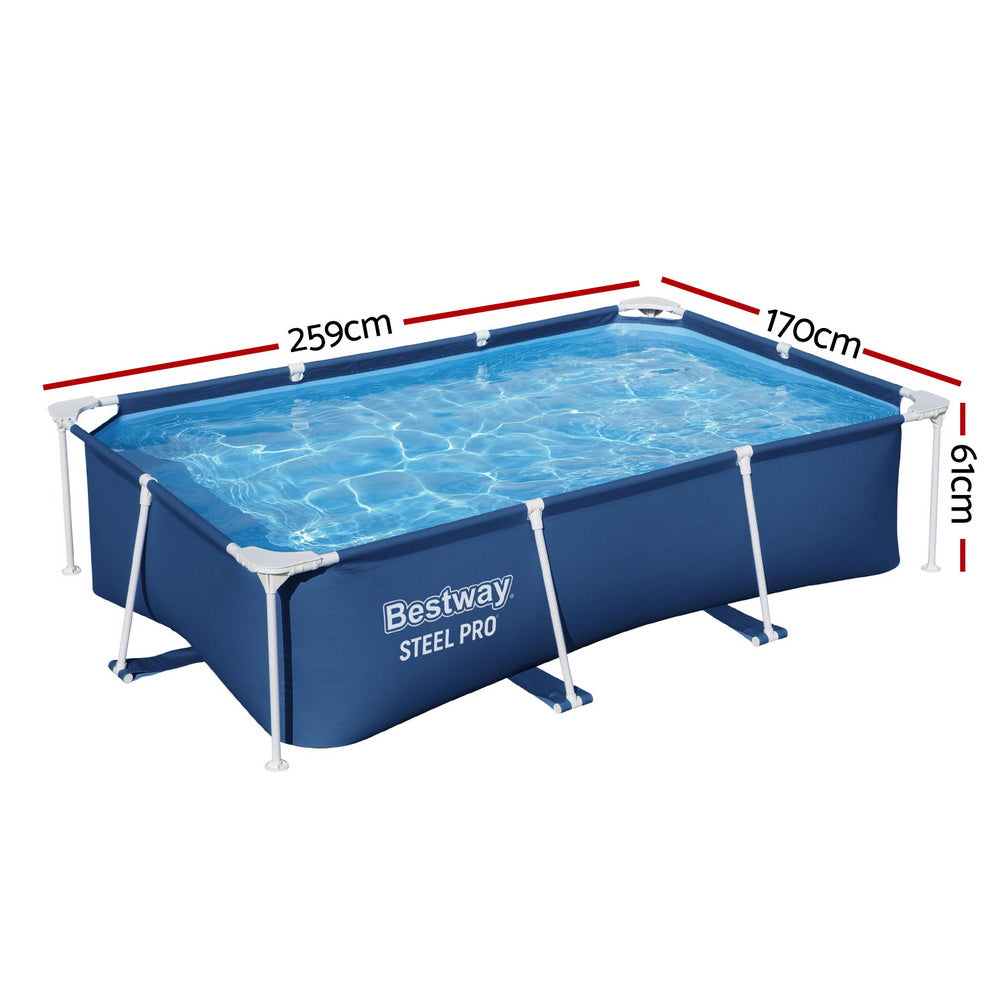 Above-ground swimming pool 259x170x61 cm, dark blue walls, white frame, blue water