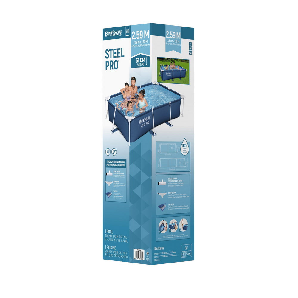 Bestway Steel Pro above-ground pool box packaging with product image and text panels