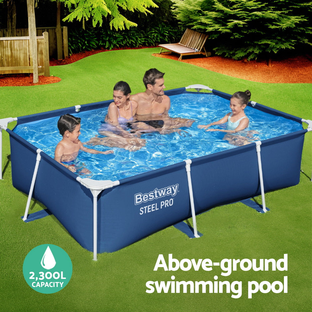 Above-ground swimming pool with dark blue sides, white frame, and people swimming