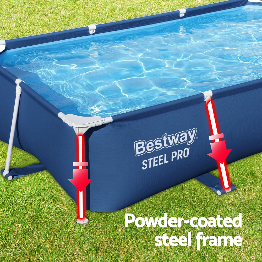 Above-ground swimming pool corner with dark blue sides and white support frame