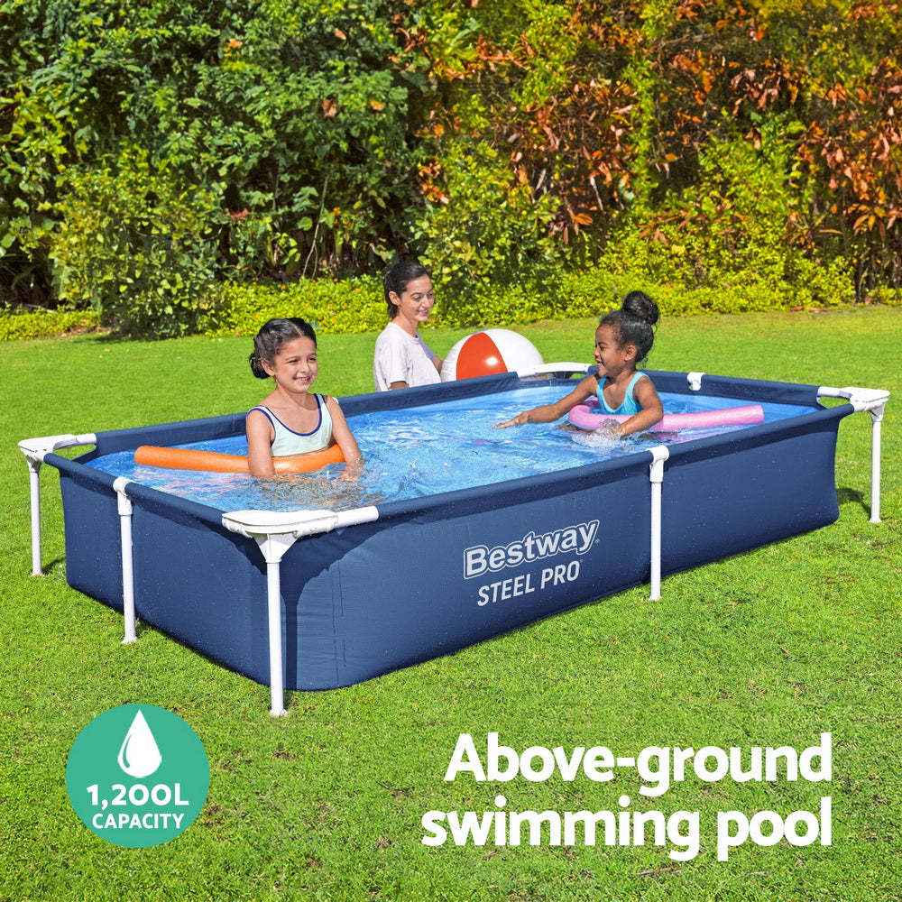 Above-ground swimming pool with blue water, dark blue walls, and white steel frame