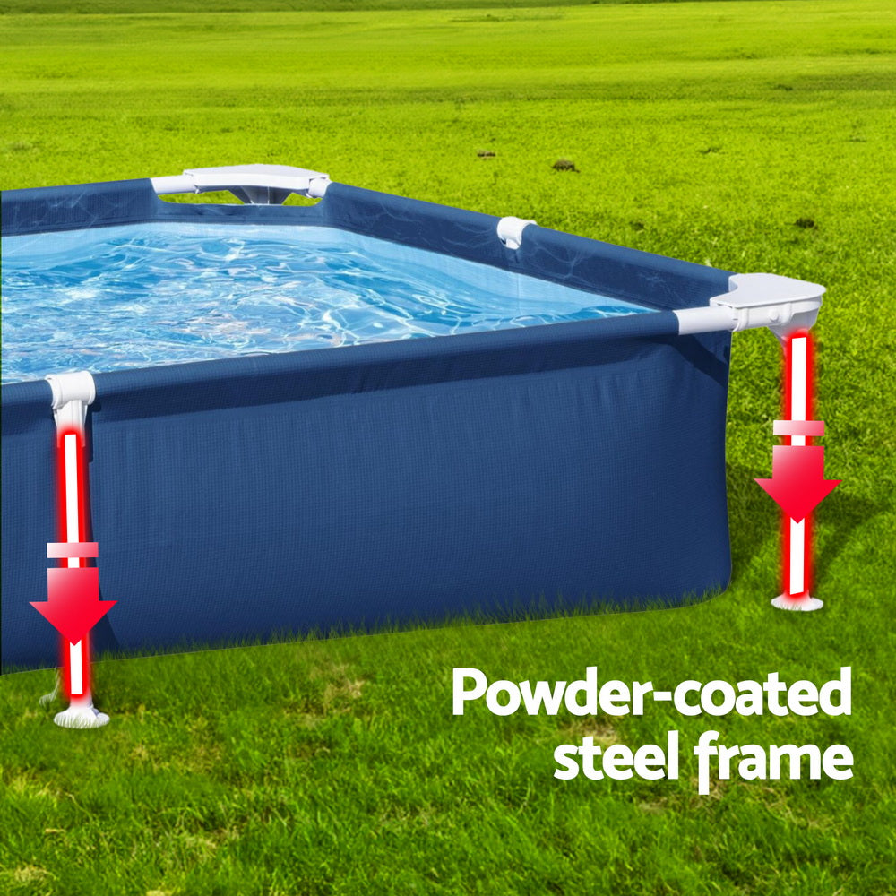 Above-ground pool corner with blue liner and white powder-coated steel frame legs