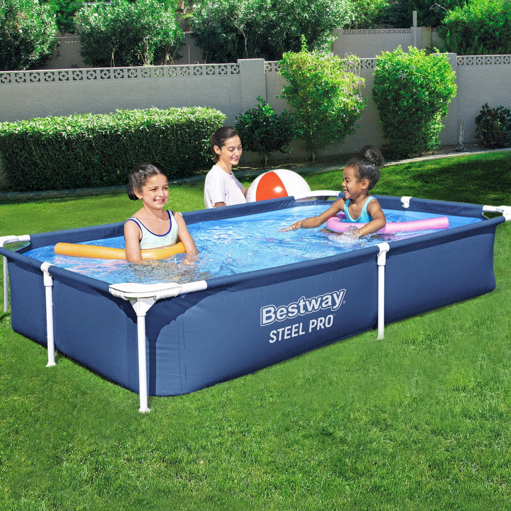 Rectangular above-ground pool with blue liner and white steel frame, Bestway Steel Pro