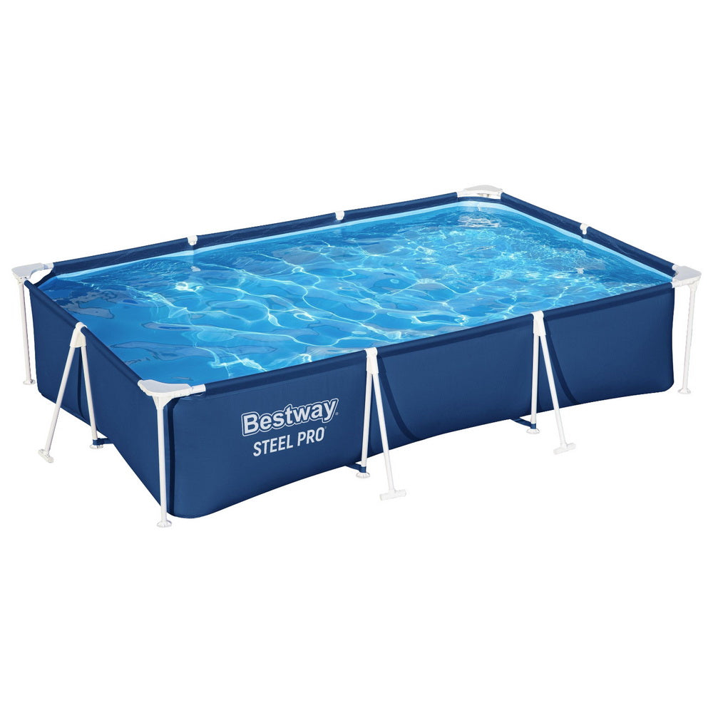 Blue above-ground steel frame swimming pool with white supports and filled water