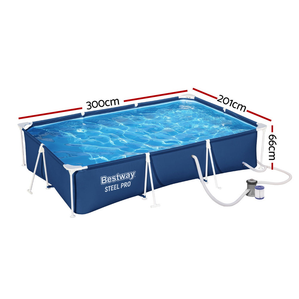 Rectangular blue above-ground pool with steel frame, filter pump and outlet hose