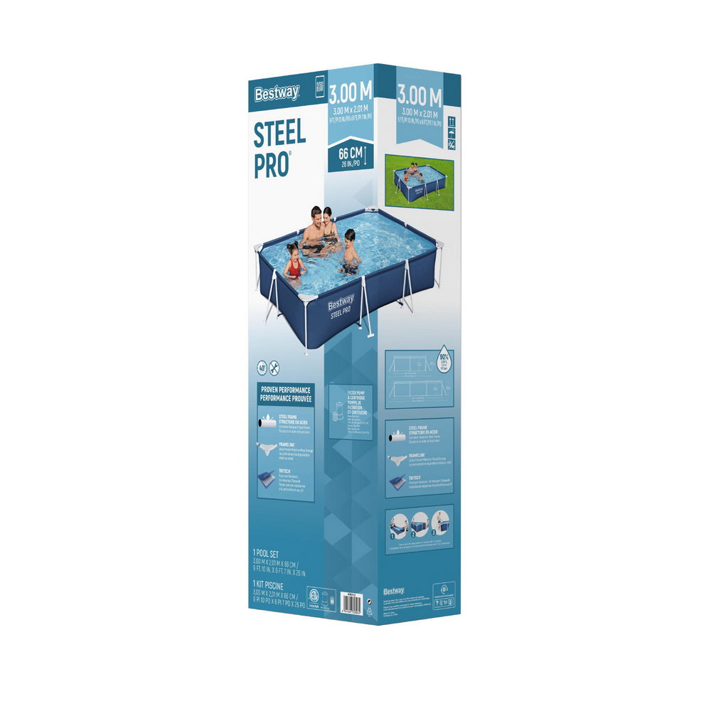 Bestway Steel Pro above-ground swimming pool retail box, blue and gray packaging