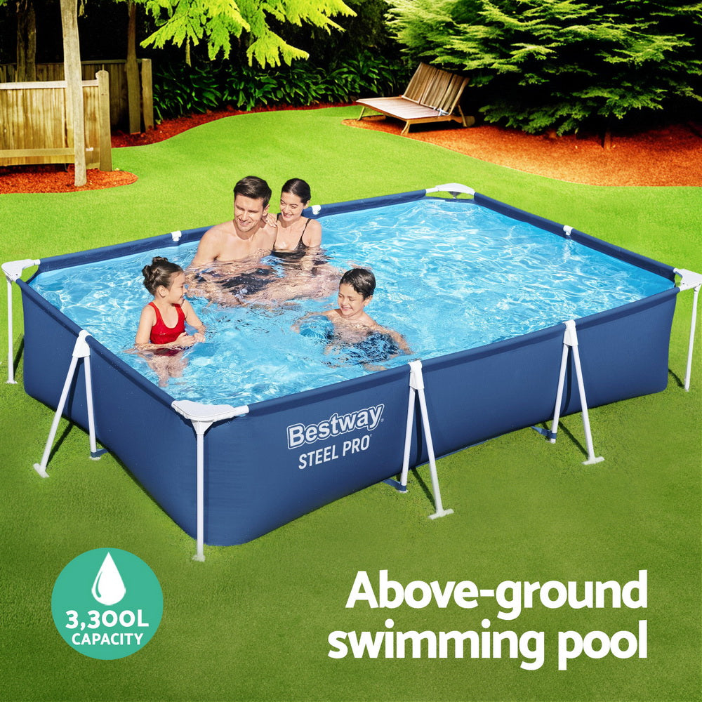Blue above-ground swimming pool with steel frame and people splashing in yard