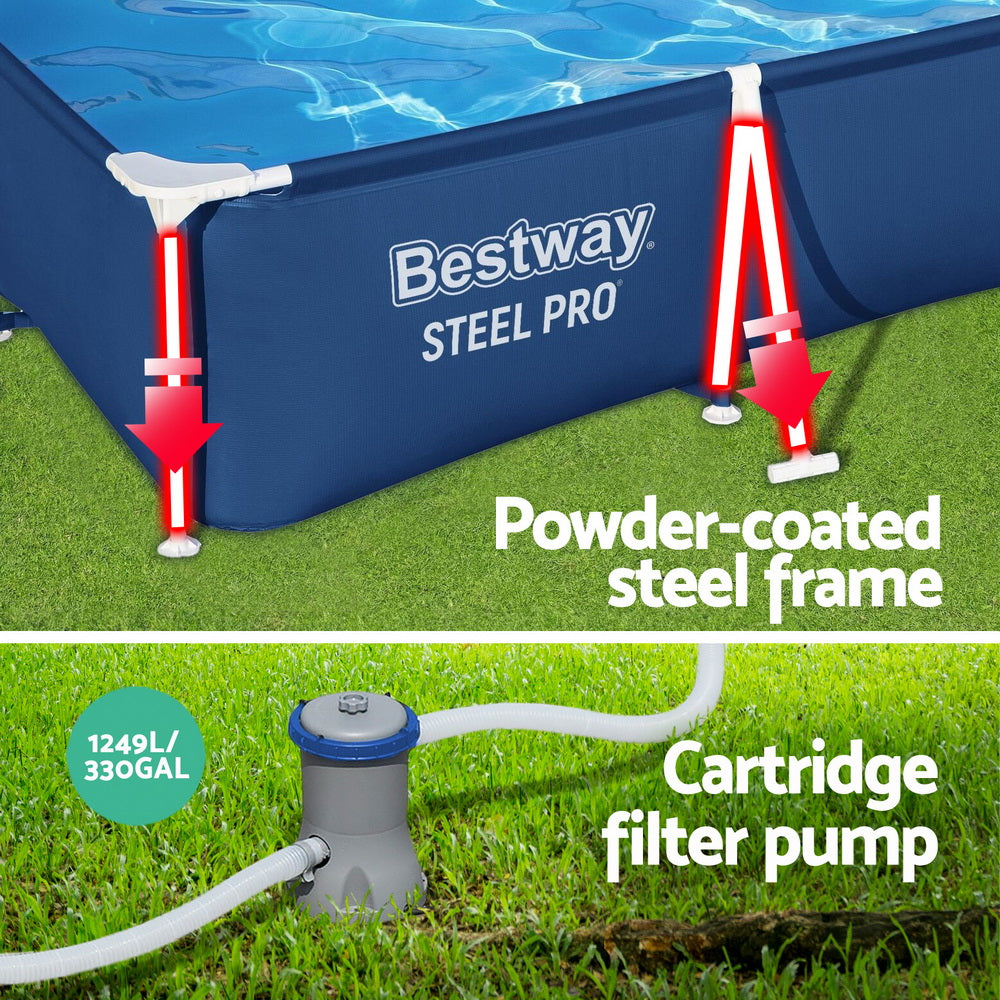 Blue pool wall with Bestway Steel Pro logo, white frame legs, and cartridge filter pump