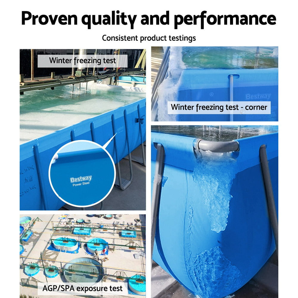 Pool performance test collage with winter freezing and exposure test scenes