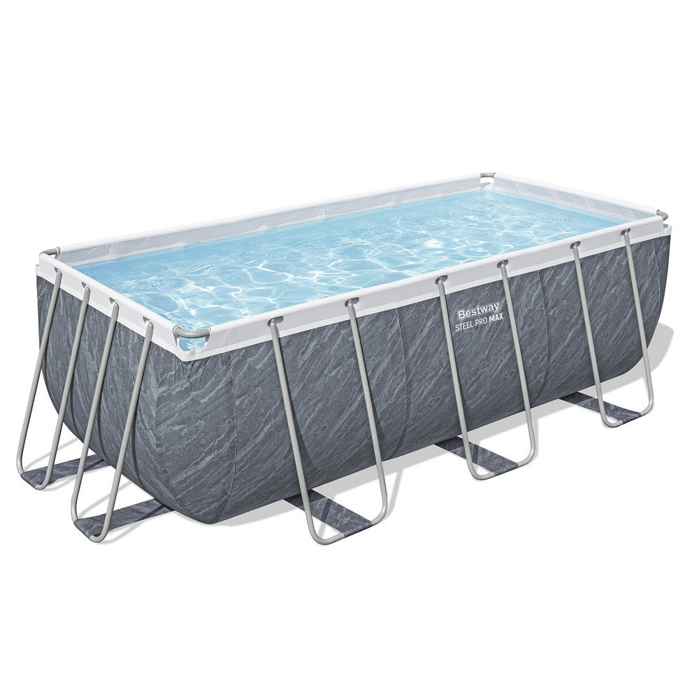 Above-ground swimming pool set with steel frame, gray sidewalls, and white top rim