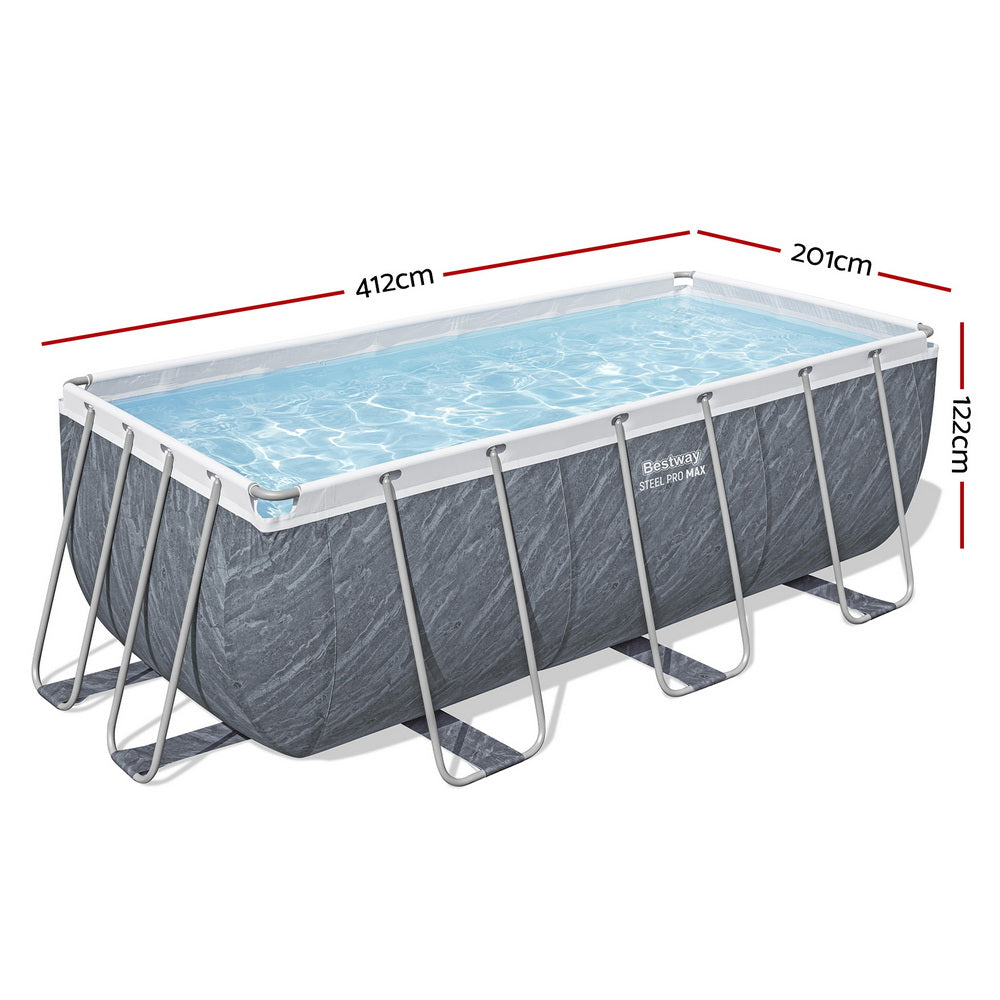 Above-ground swimming pool set with gray fabric walls and white metal frame, open top