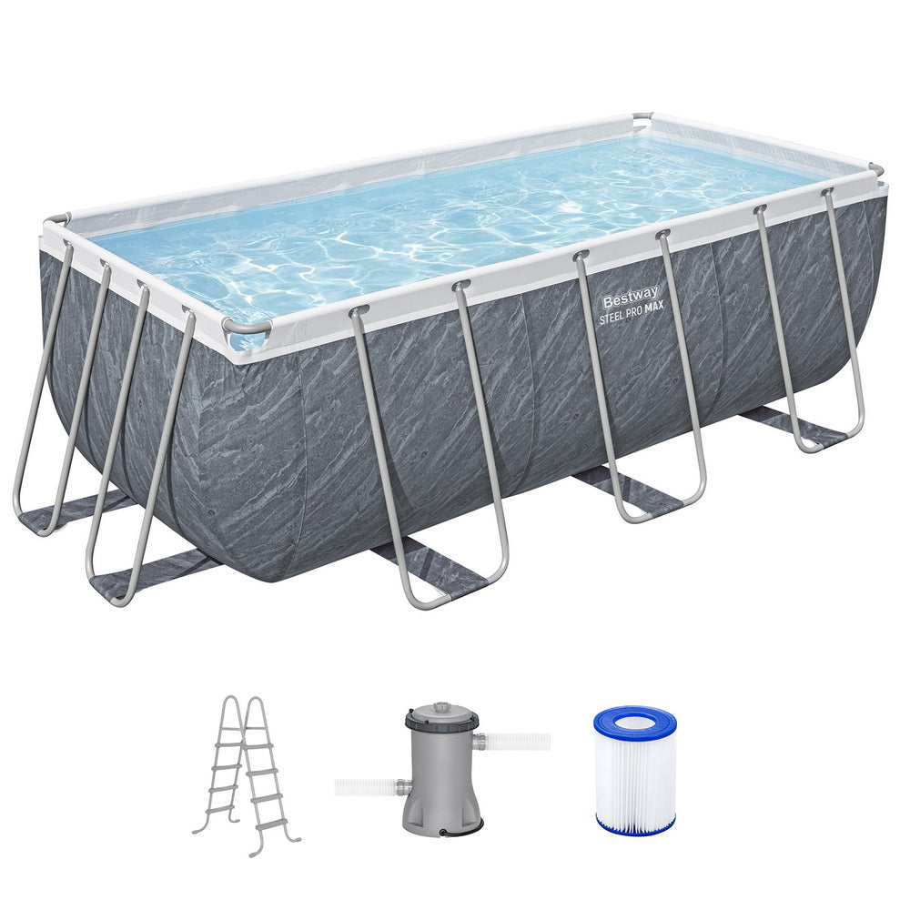 Above-ground swimming pool set with steel frame plus ladder, pump, and filter included