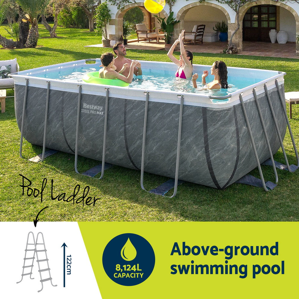 Above-ground swimming pool with steel frame and gray liner, shown with ladder