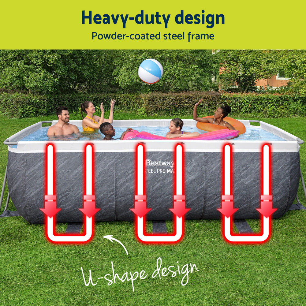 Above-ground swimming pool set with gray sidewalls and steel frame, shown in use