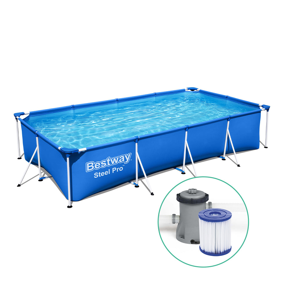 Blue above-ground swimming pool with Bestway Steel Pro logo and steel frame legs