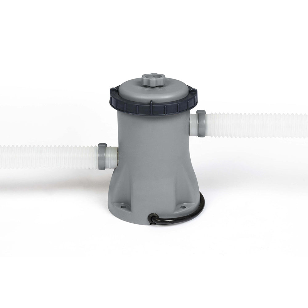 Gray pool filter pump with connected hoses and pump top cap