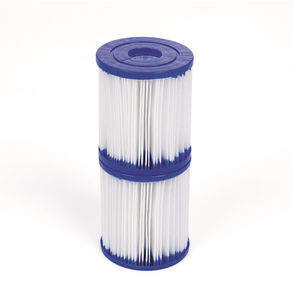 Replacement pool filter cartridge with blue top and white pleated filter