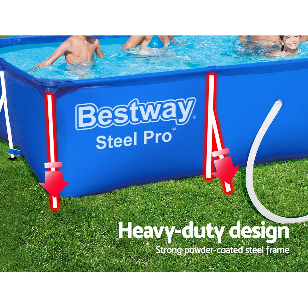 Blue pool wall with Bestway Steel Pro logo and heavy-duty frame supports