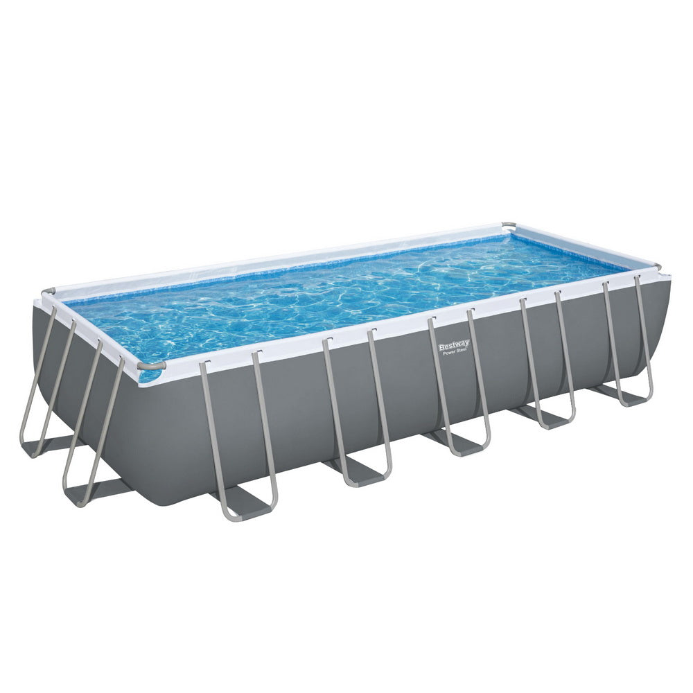 Above-ground swimming pool with blue water, gray steel frame, and white top rails