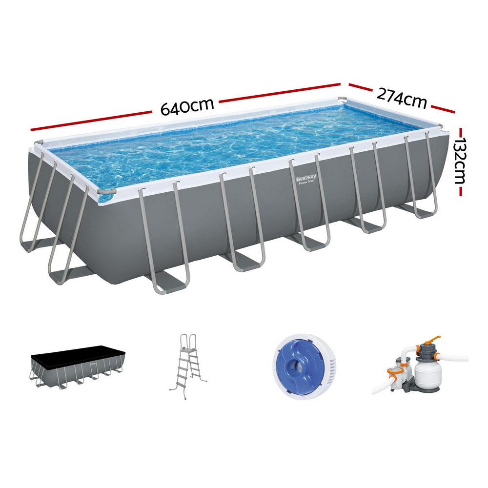Above-ground swimming pool kit: blue pool, gray frame, ladder, and filter pump