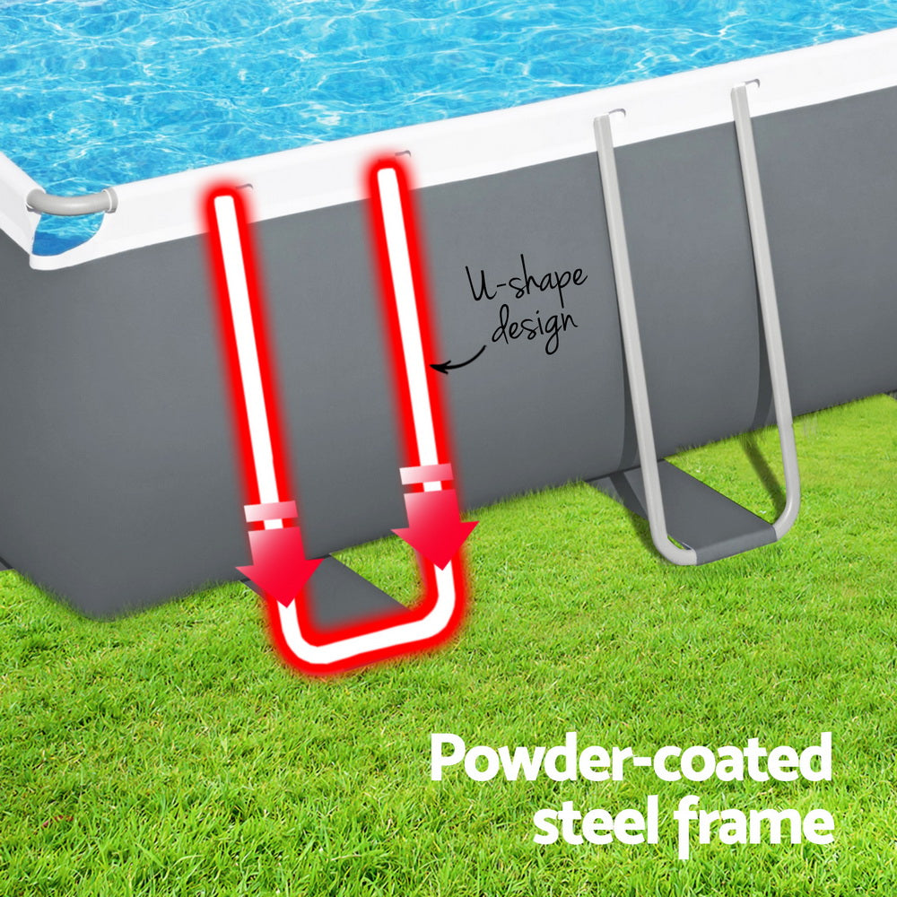U-shaped base supports on gray above-ground pool frame beside the blue pool wall