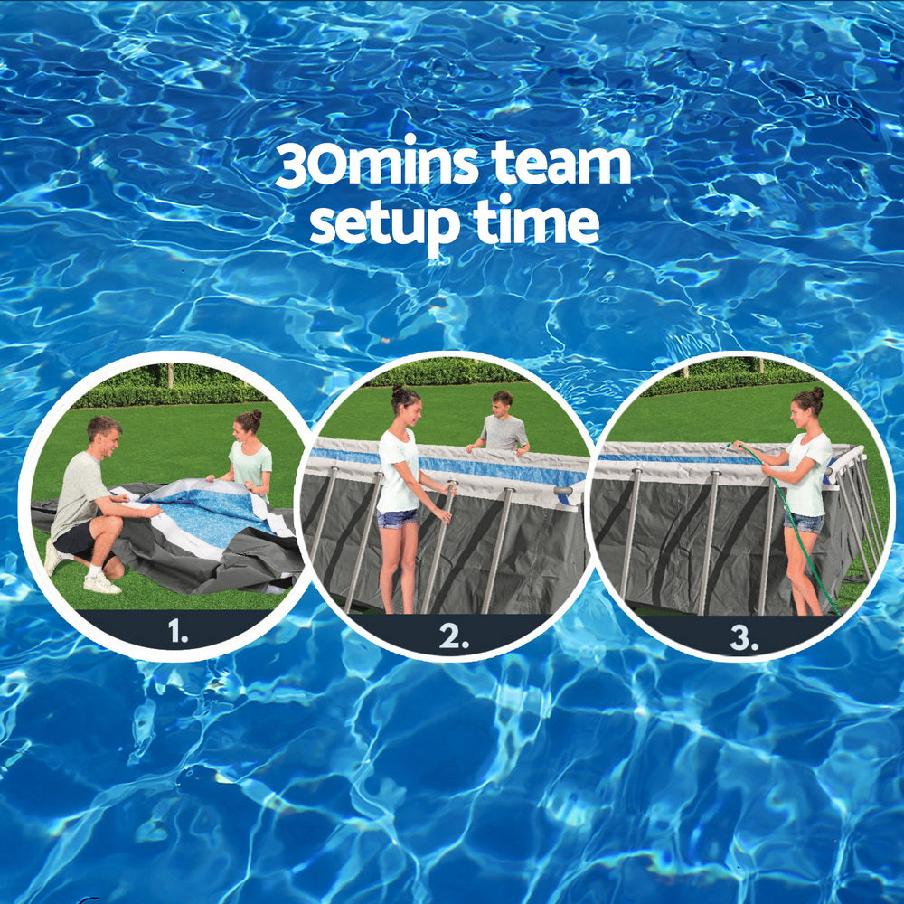 Above-ground swimming pool with blue water and gray frame shown during setup