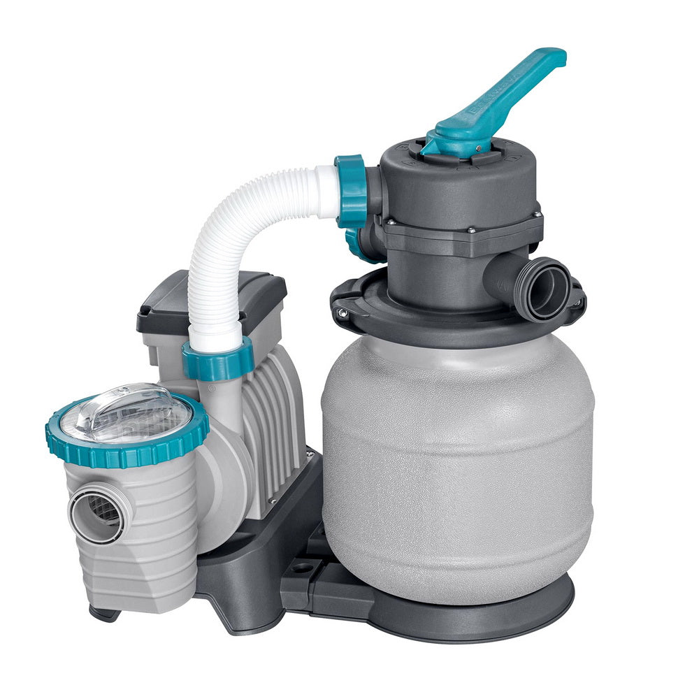 Pool sand filter pump with two side hose openings and teal valve lever