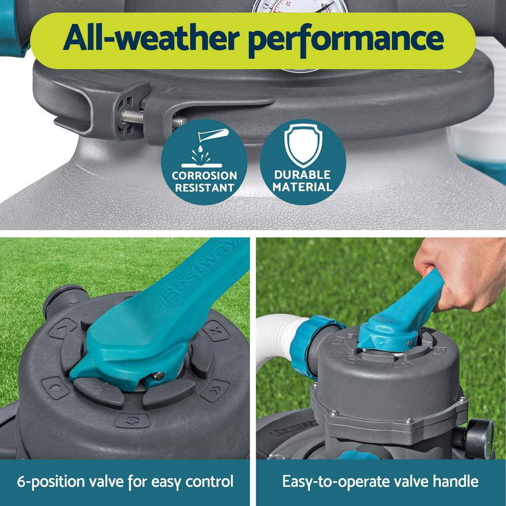 Pool sand filter pump valve housing with teal handle and control positions