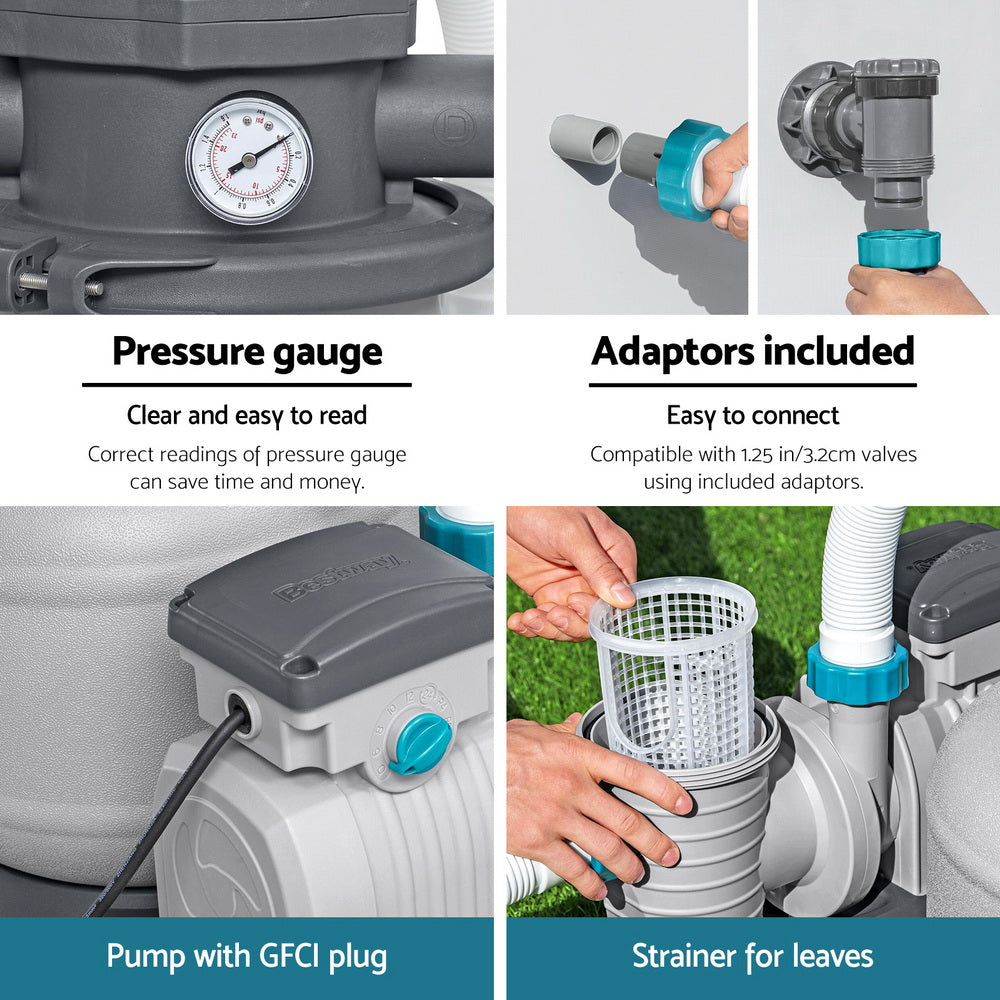 Pool sand filter pump with pressure gauge, included adaptors, and leaf strainer