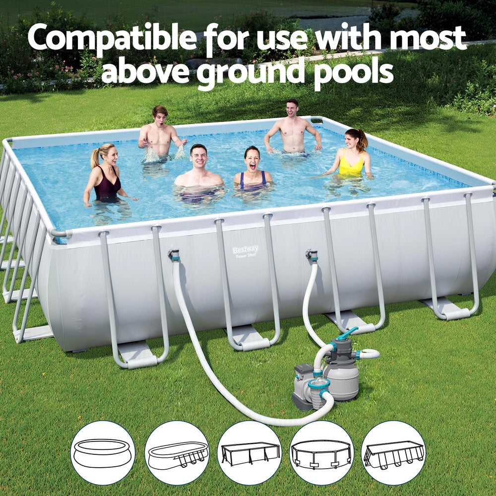 Above-ground pool with sand filter pump and white intake and return hoses
