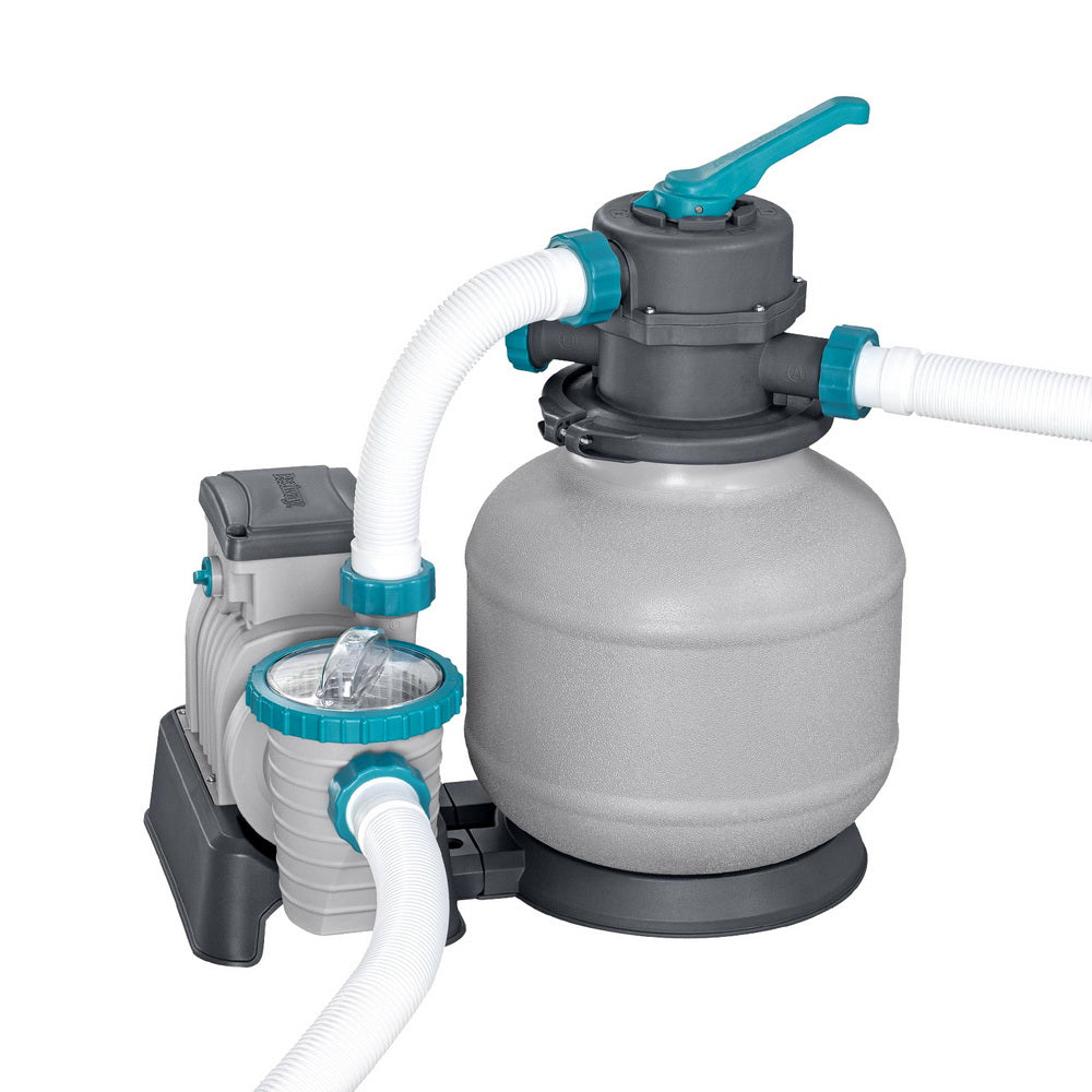 Pool sand filter pump with grey tank, teal control handle, and white inlet hoses