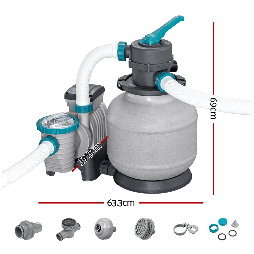 Pool sand filter pump with grey tank, teal valve, and white hoses with port openings