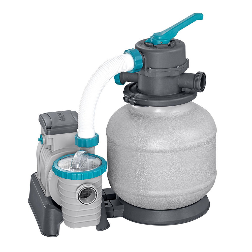 Sand filter pump with grey tank, teal control valve, and side hose connection ports