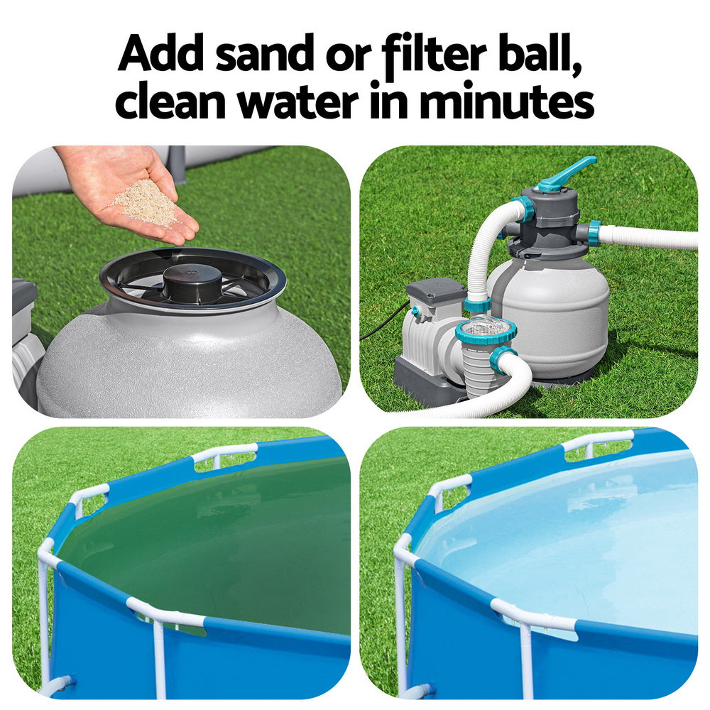 Sand filter pump shown with sand filling and clear-water flow through the filter