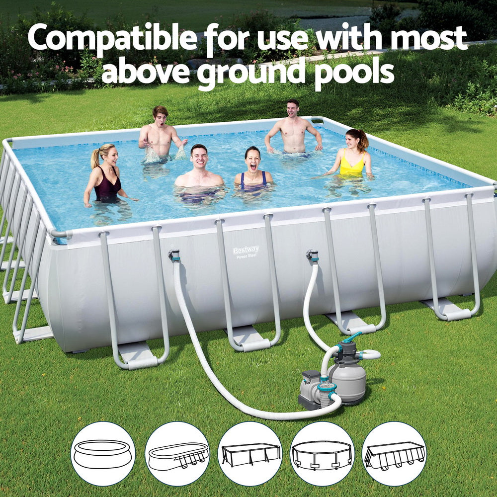Above-ground pool filter setup with sand filter pump and hoses for circulation